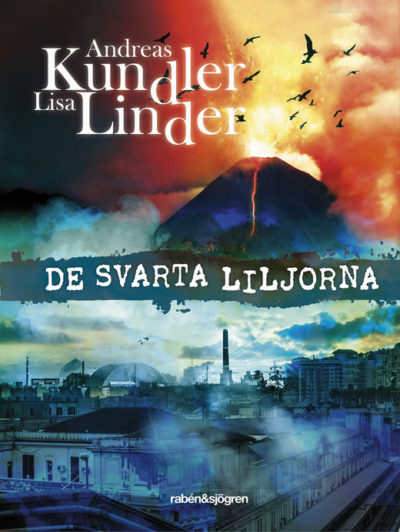 På bokens framsida är det en stor vulkan som det flyger fåglar framför och en mörk stad.