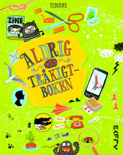 Fransidan av boken. Titeln står stort i snirkliga bokstäver och runtom är det fullt av text, och saker som saxar, mobiler, pappersflygplan, kortlekar, teckningar.