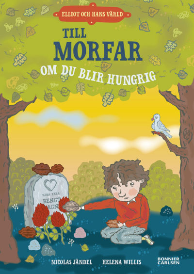 På bokens omslag sitter Elliot vid en gravsten och lägger mat där.