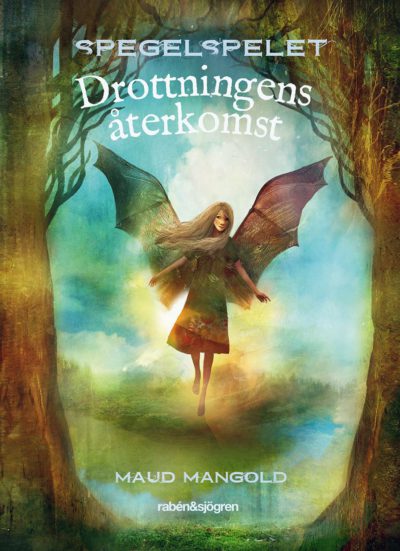 På bokomslaget flyger ängeln Hilja mellan två stora träd.