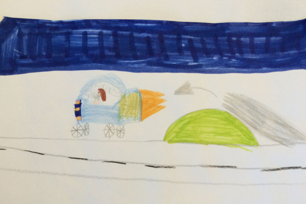 Teckning av en eldsprutande och flygande bil.