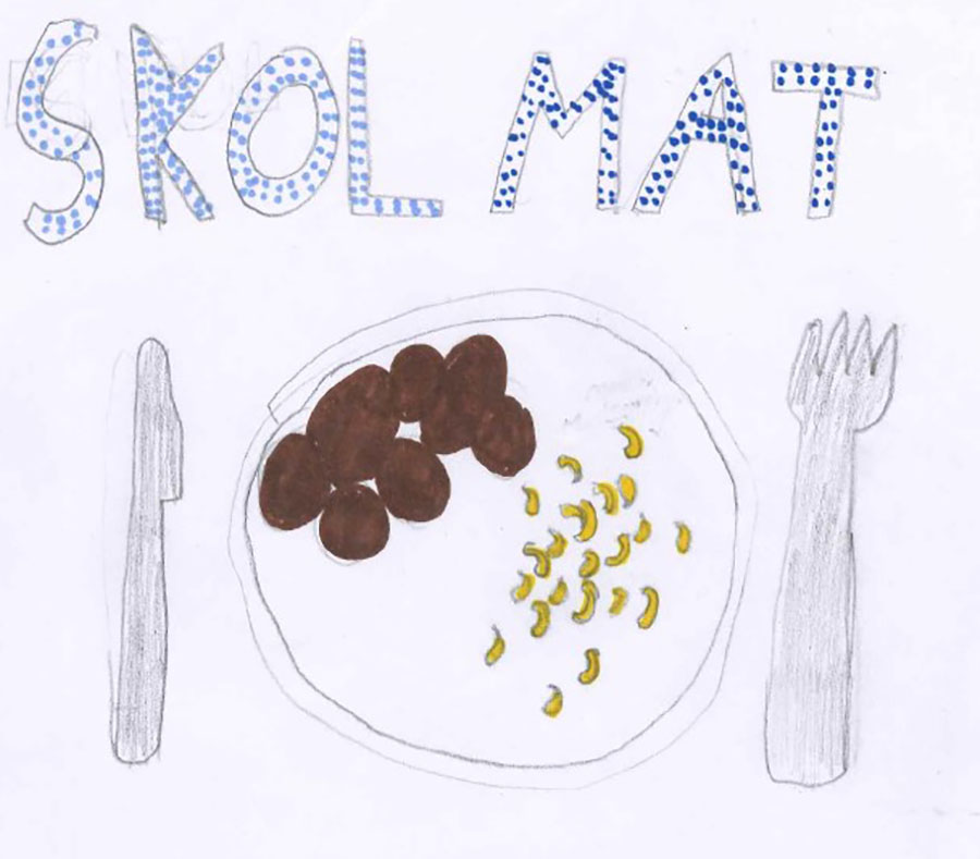 Teckning på en tallrik med mat på.